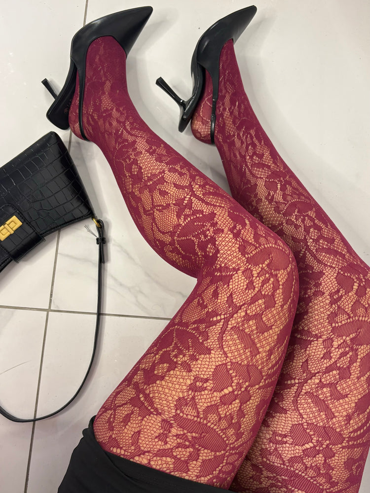 Lace Floral Pattern Tights - Wine