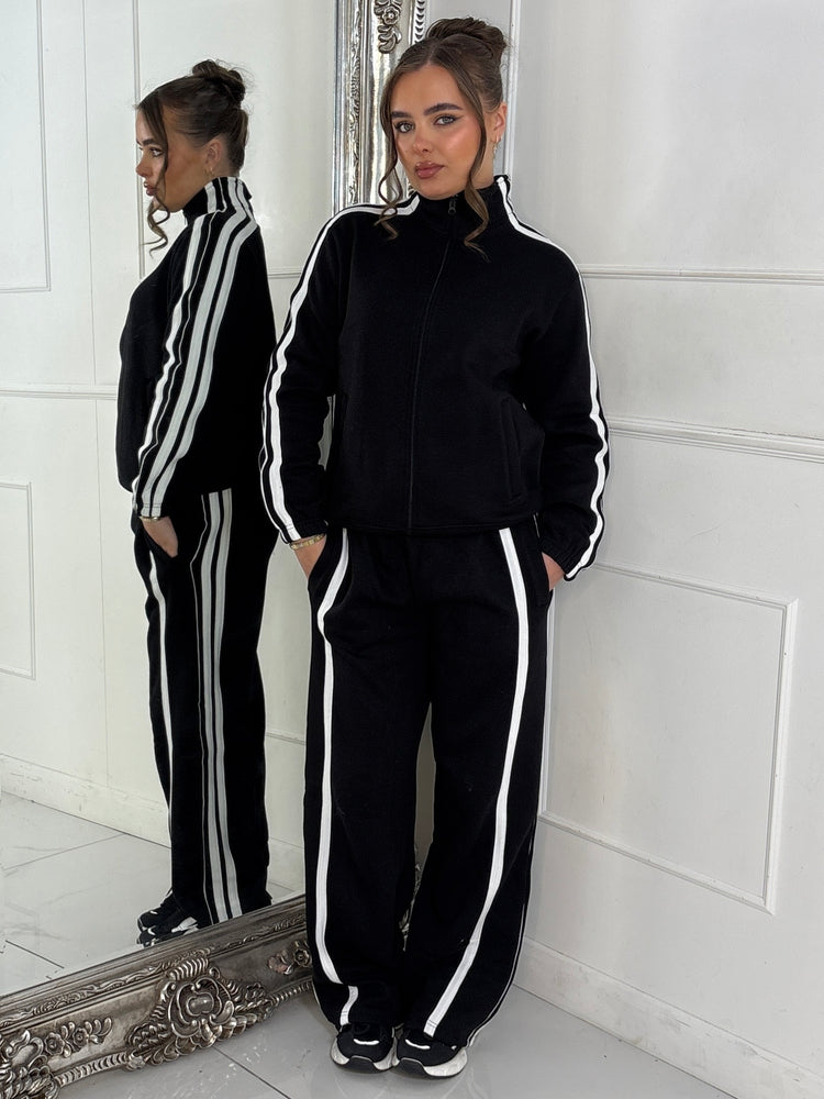 Side Stripe Collared Zip Up Jacket & Joggers Tracksuit - Black