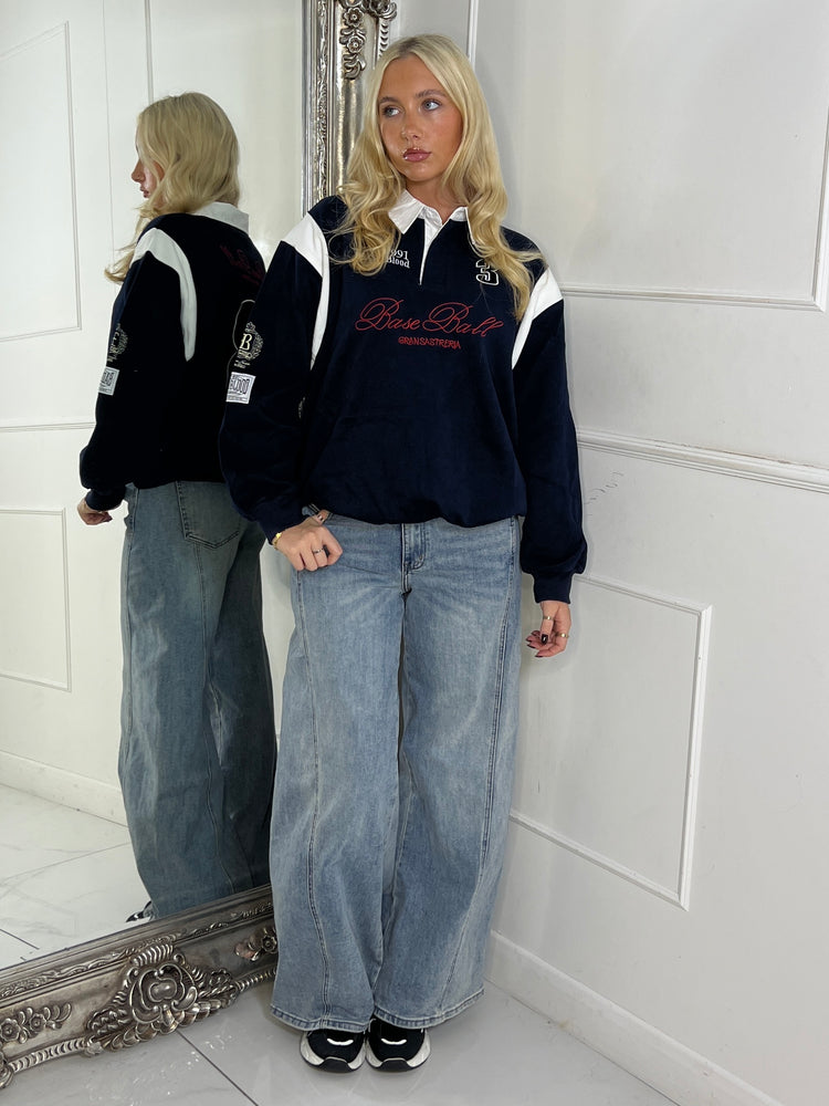 Varsity Slogan Detail Rugby Style Top - Navy/Multi