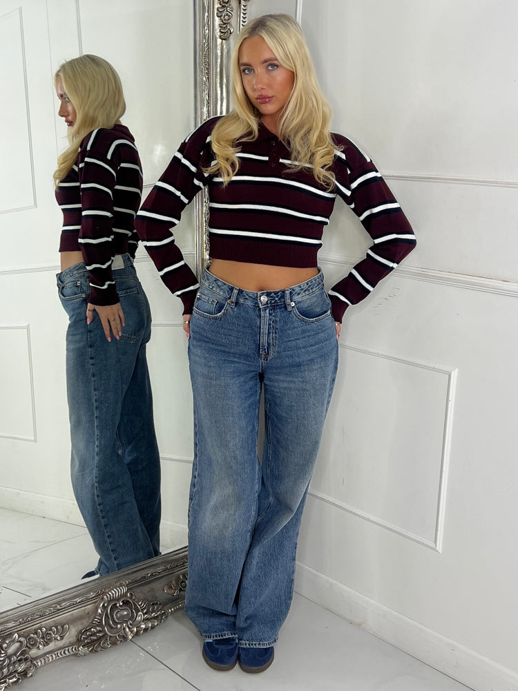 Crop Stripe Detail Knitted Long Sleeve Jumper - Wine / Navy