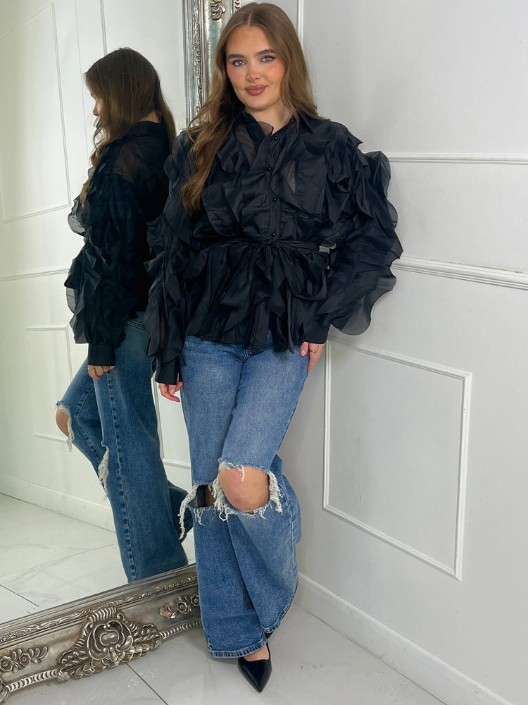 Belted Ruffle Detail Mesh Shirt - Black