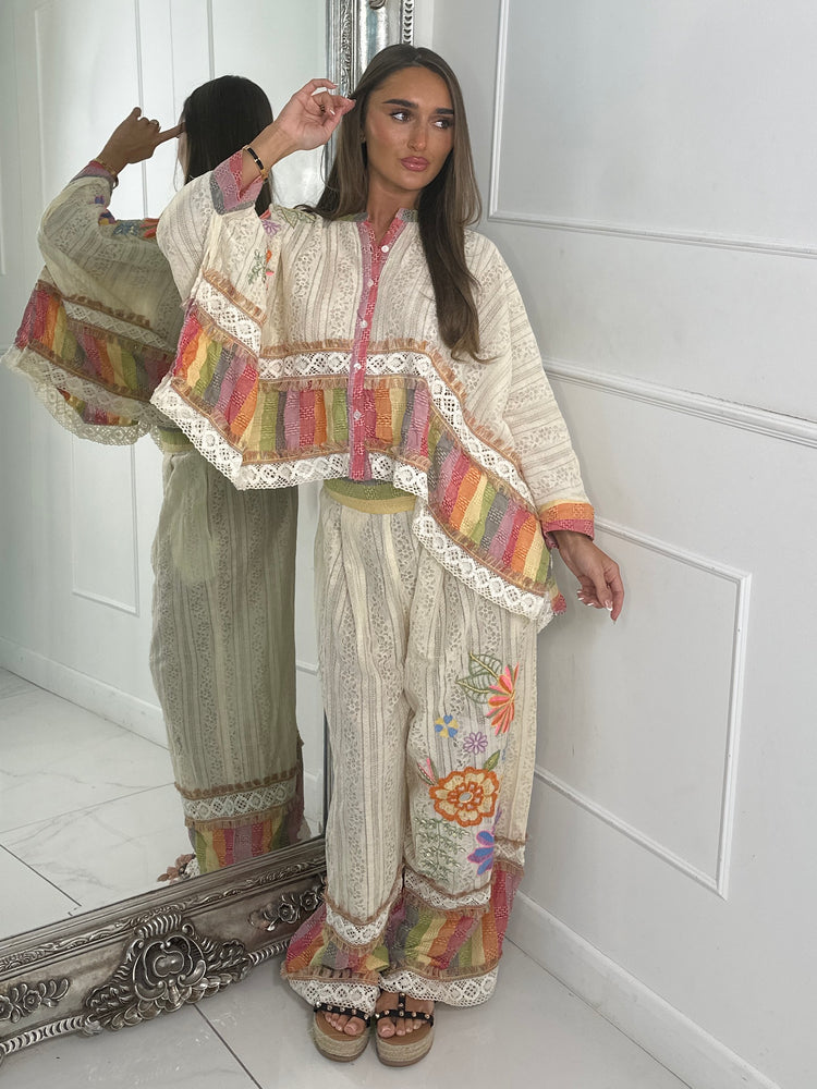 Multi Rainbow Stripe Detail Crochet Lace Button Top & Flares Co-Ord - Beige Multi