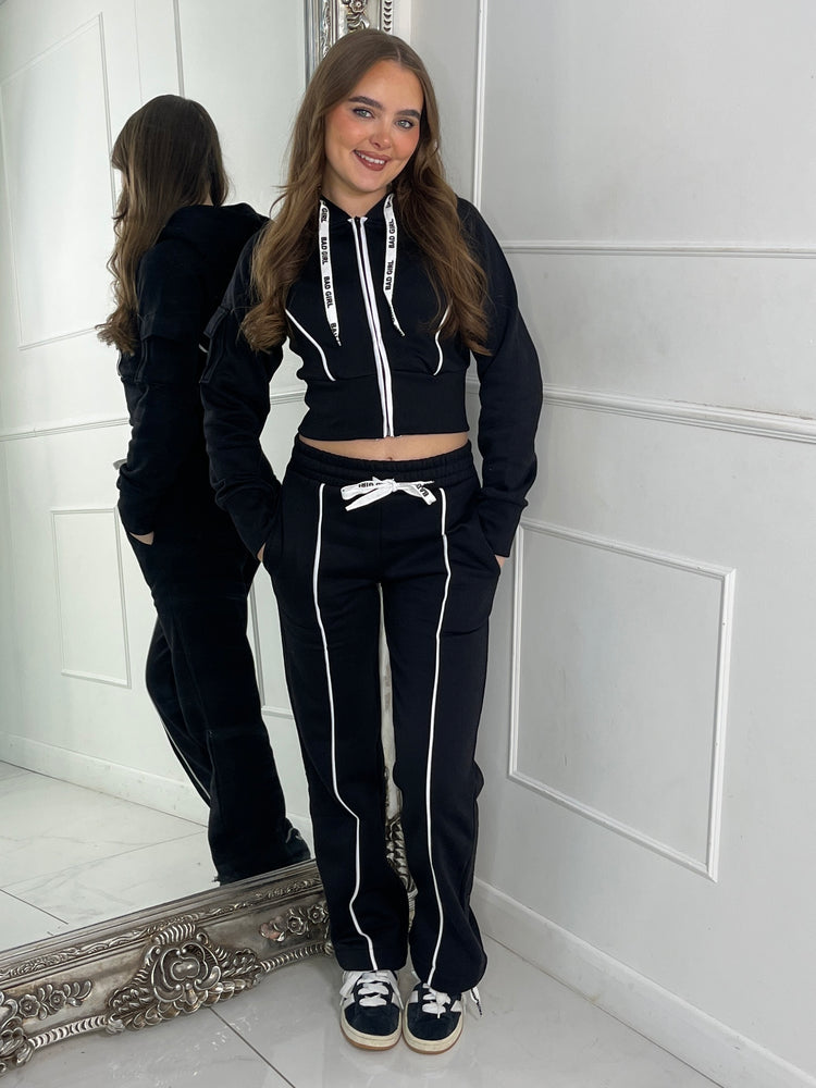 Hooded Drawstring Jacket & Flares With Stripe Detail - Black & White