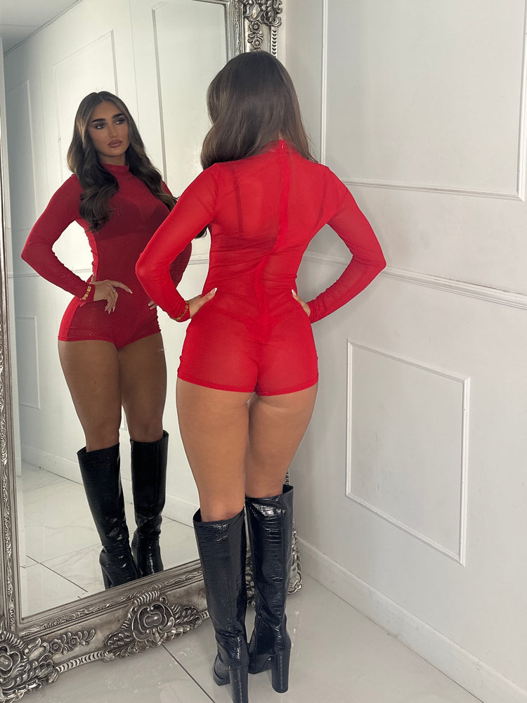 High Neck Long Sleeve Mesh Diamante Playsuit - Red