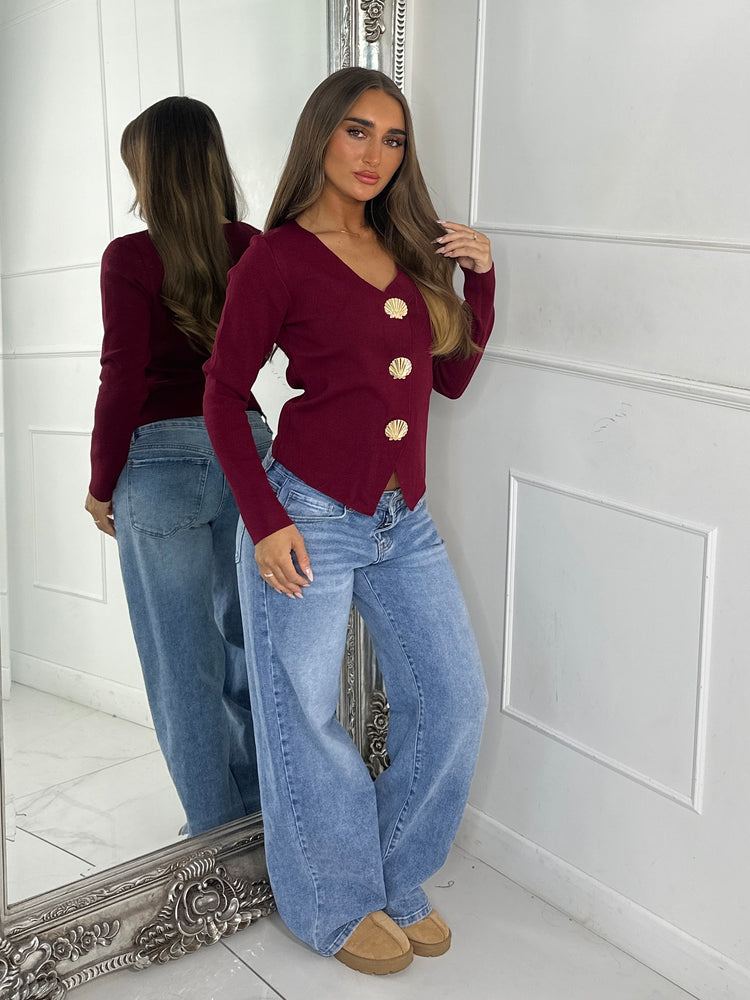 V Neck Sea Shell Detail Long Sleeve Jumper - Wine