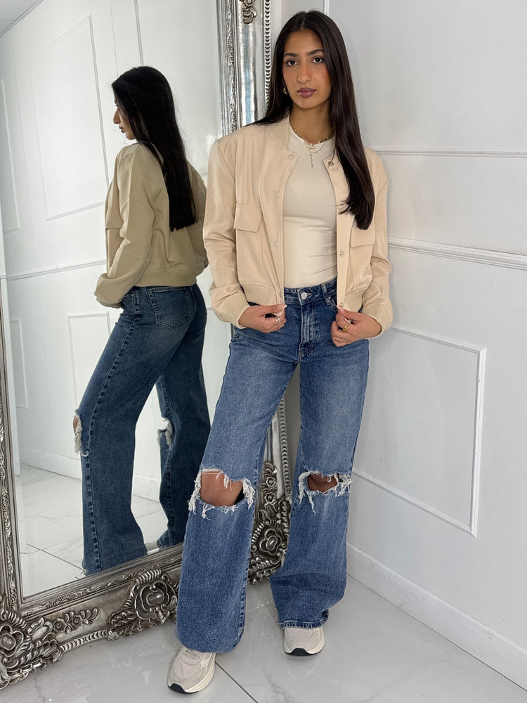 Cropped Pocket Detail Bomber Jacket - Cream