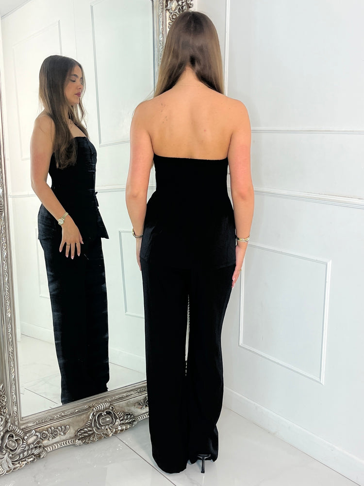 Bandeau Button Detail Corset & Flares Co-ord - Black
