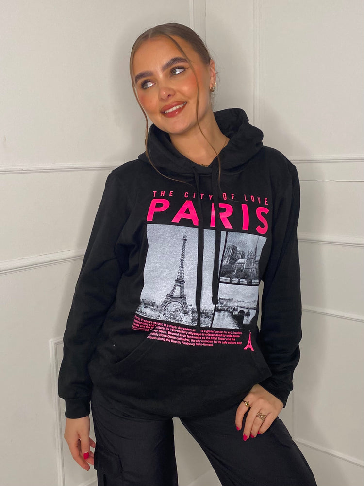 Paris Print Hoodie - Black