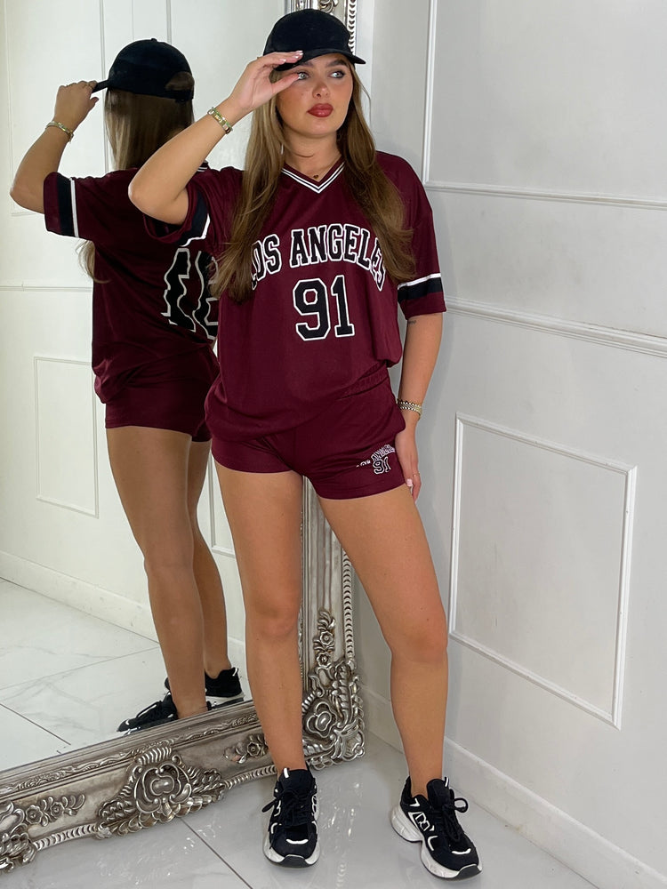 Los Angeles Varsity Top & Matching Shorts Co-ord - Wine / Black & White