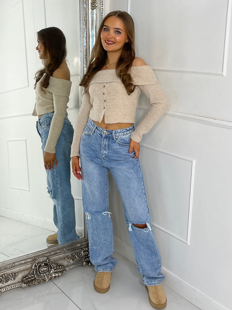 Heavy Rib Off Shoulder Top - Beige Knit