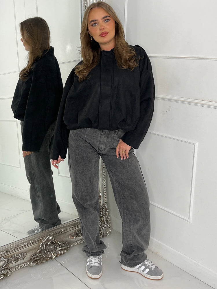 Suede Collared Oversized Bomber Jacket - Black