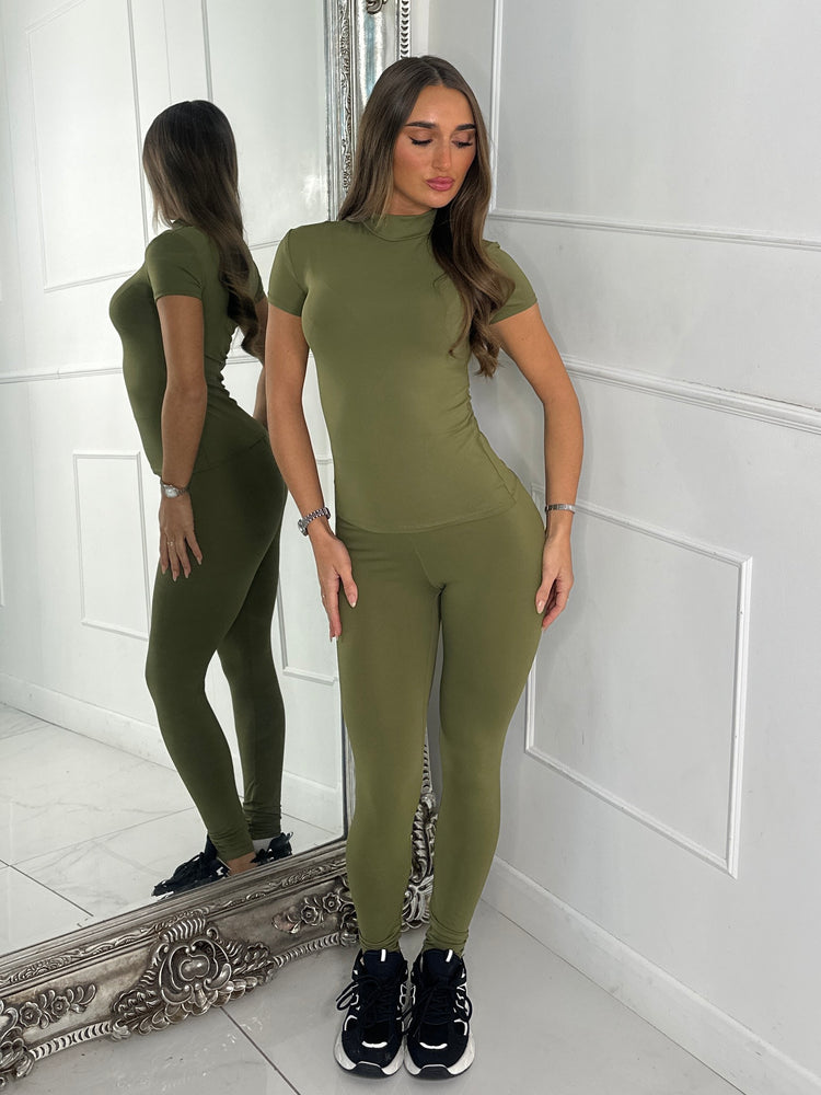 High Neck Second Skin Top & Sculpt Panel Leggings - Khaki Green