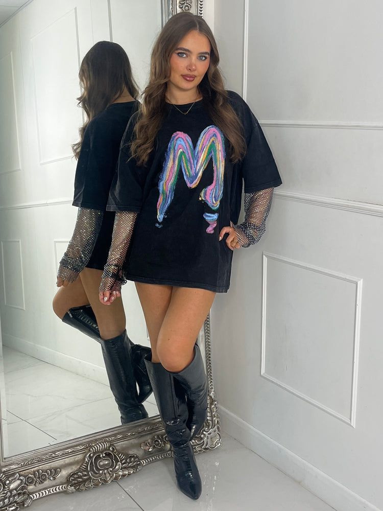 Rainbow M Chainmail Sleeve Oversized Tshirt - Black