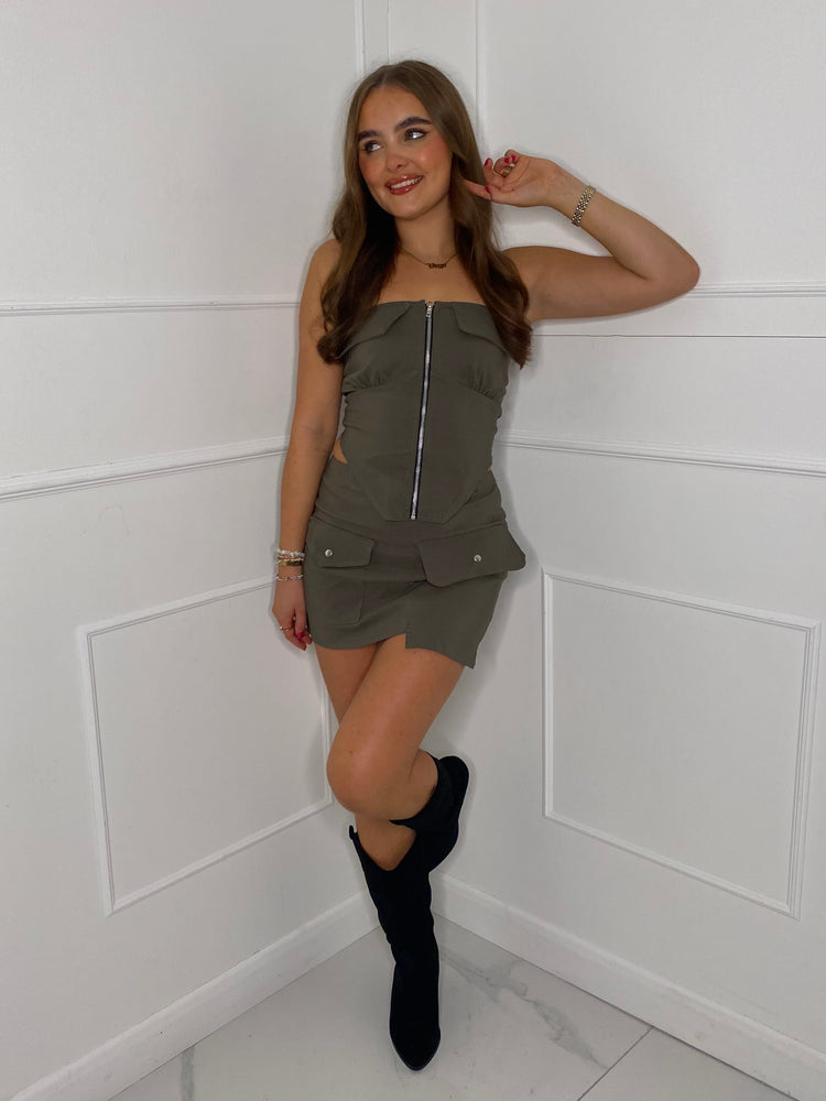 Zip Up Front Pocket skirt set - Khaki