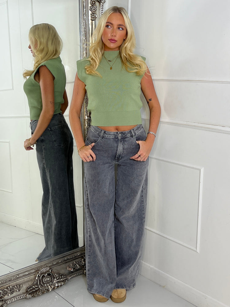 Heavy Rib Knitted Sleeveless Crop Jumper - Sage