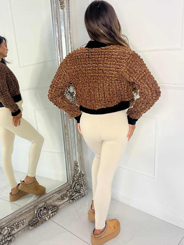 Gathered Velvet Bomber Jacket - Brown