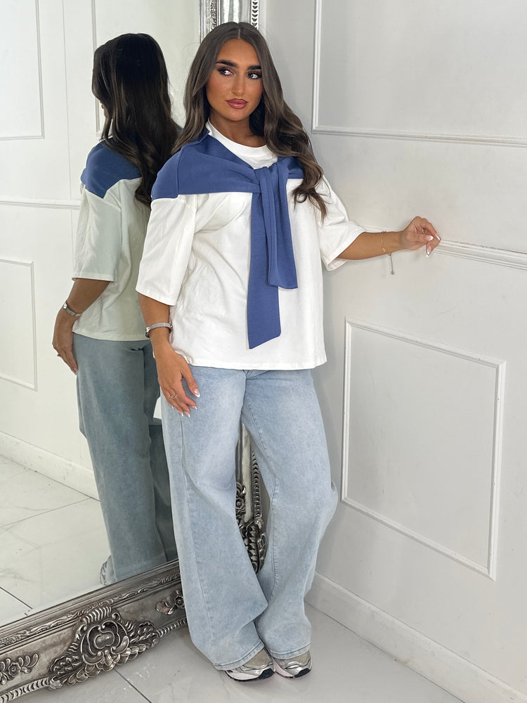 Tennis Style Oversized Tee with Overlay Detail - White/Blue