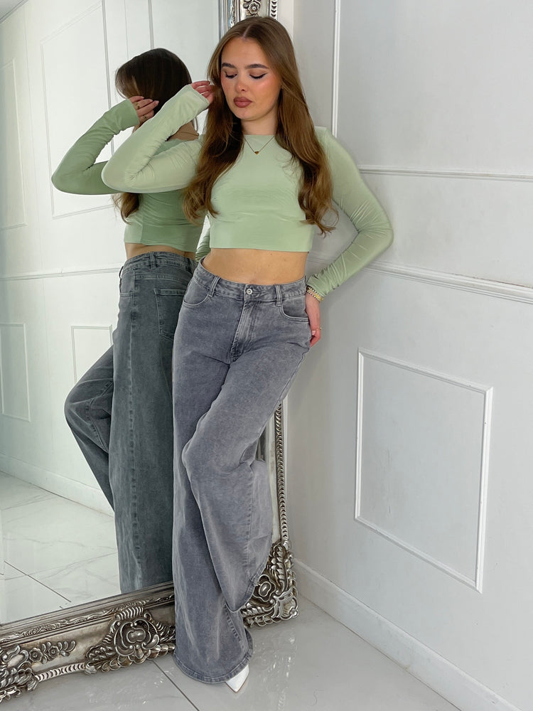 Padded Shoulder Long Sleeve Crop Top - Sage Green