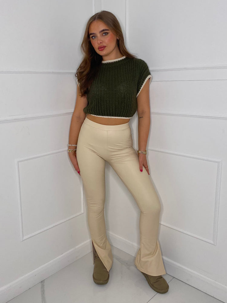 Leather Look Slit Flared Leggings - Cream