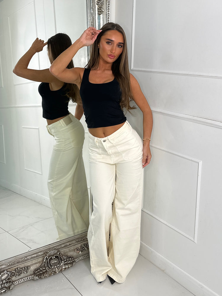 Front Pocket Detail Wide Leg Jeans - Cream