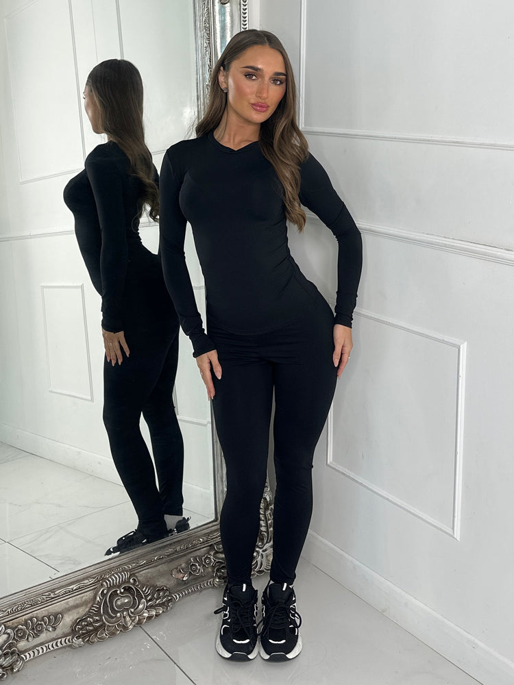 Round Neck Long Sleeve Second Skin Top & Sculpt Panel Leggings - Black
