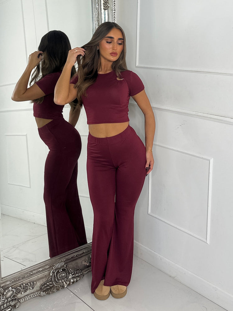 Heart Detail Crop Top & Wide Leg Pants Set - Wine