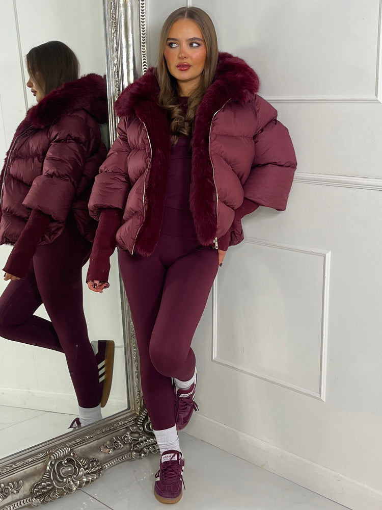 Hooded Puffer Coat With Faux Fur Trim - Wine
