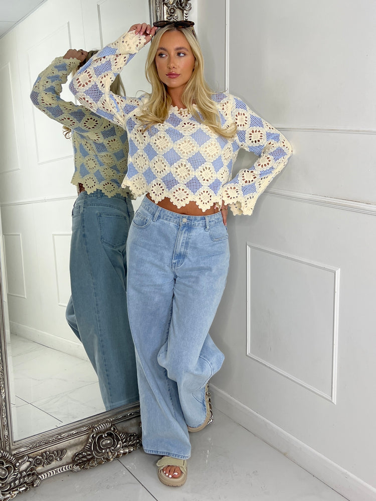 Multi Colour Contrast Crochet Top - Beige & Baby Blue
