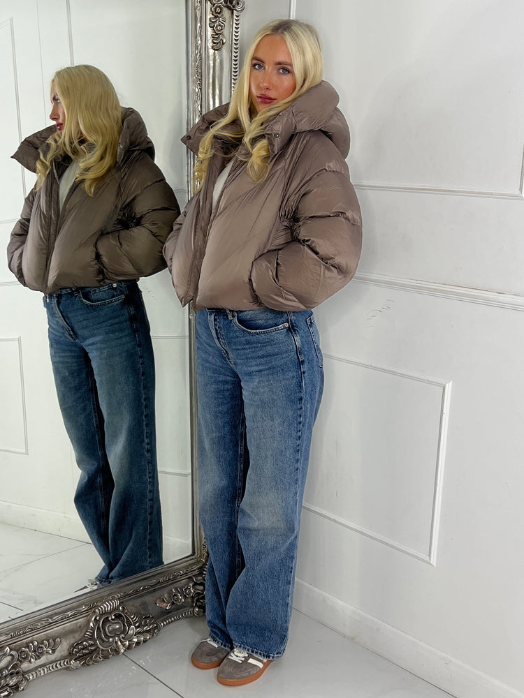 Puffer Coat With Detachable Hood - Taupe