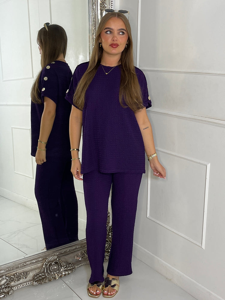 Gold Button Detail Oversized Top & Wide Leg Pants Co-Ord - Plum