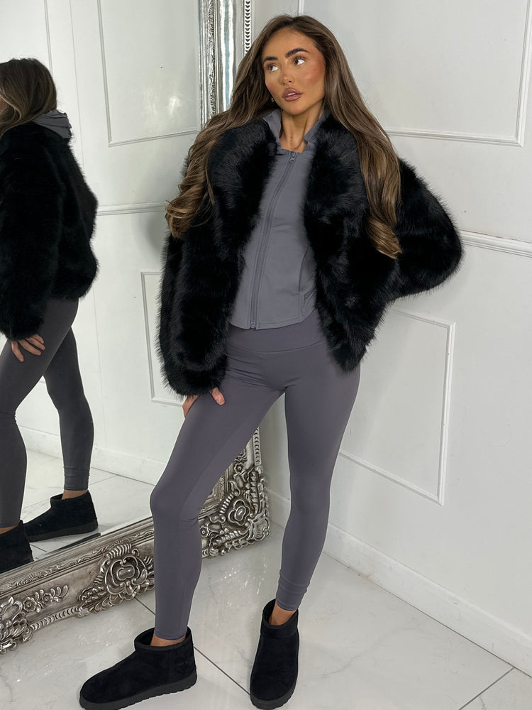 Oversized Collar Faux Fur Coat - Black