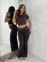 Heart Detail Crop Top & Wide Leg Pants Set - Brown