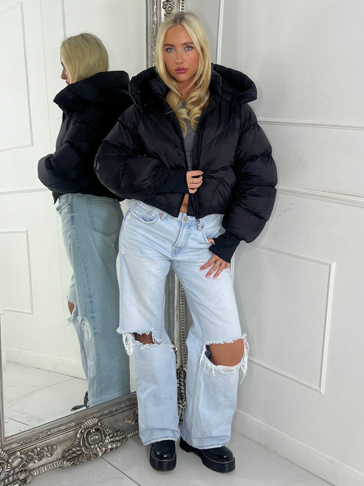 Puffer Coat With Detachable Hood - Black