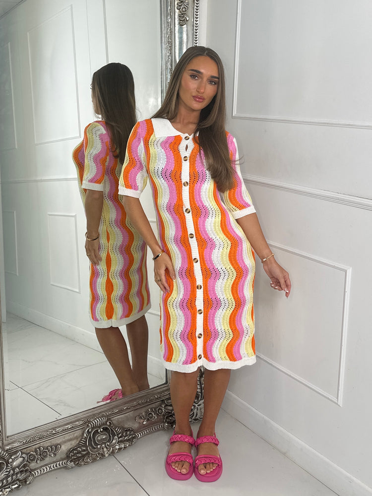 Multi Coloured Collar Detail Crochet Dress - White/Pink/Yellow
