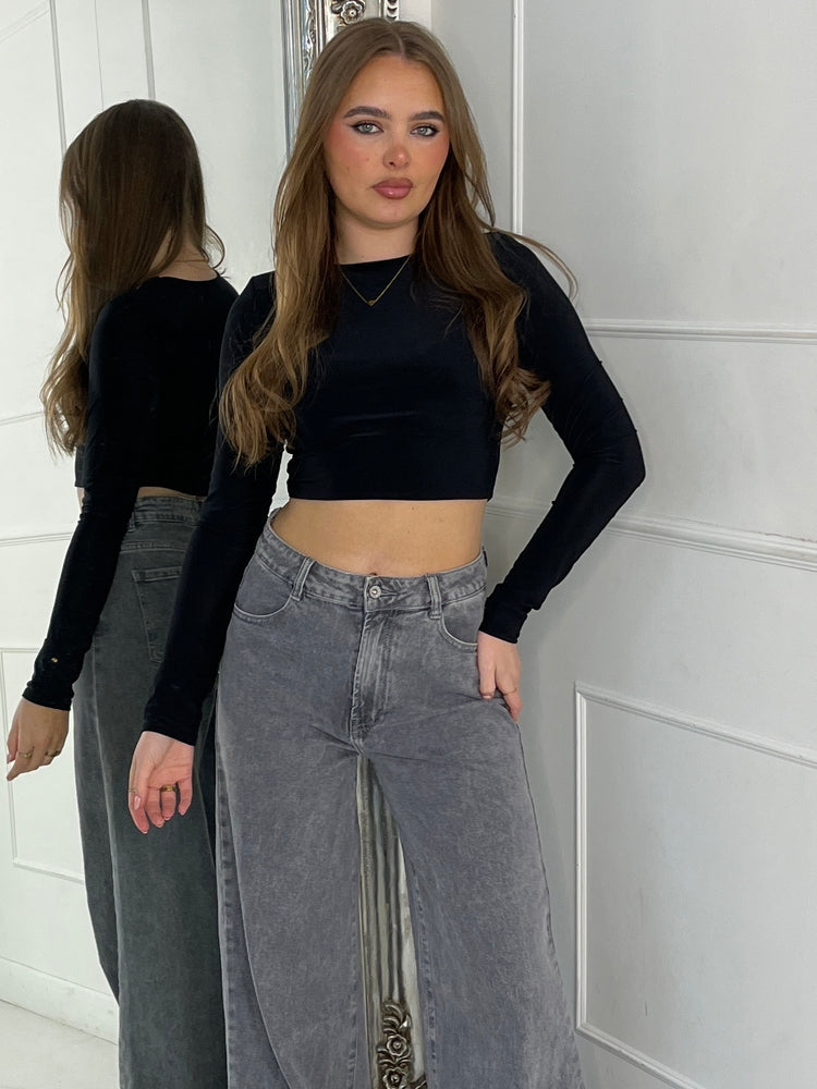 Padded Shoulder Long Sleeve Crop Top - Black