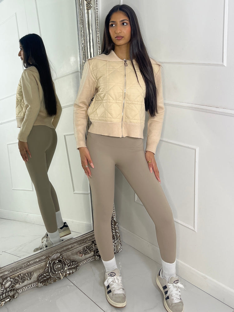 Ribbed Sleeve Padded Jacket - Beige