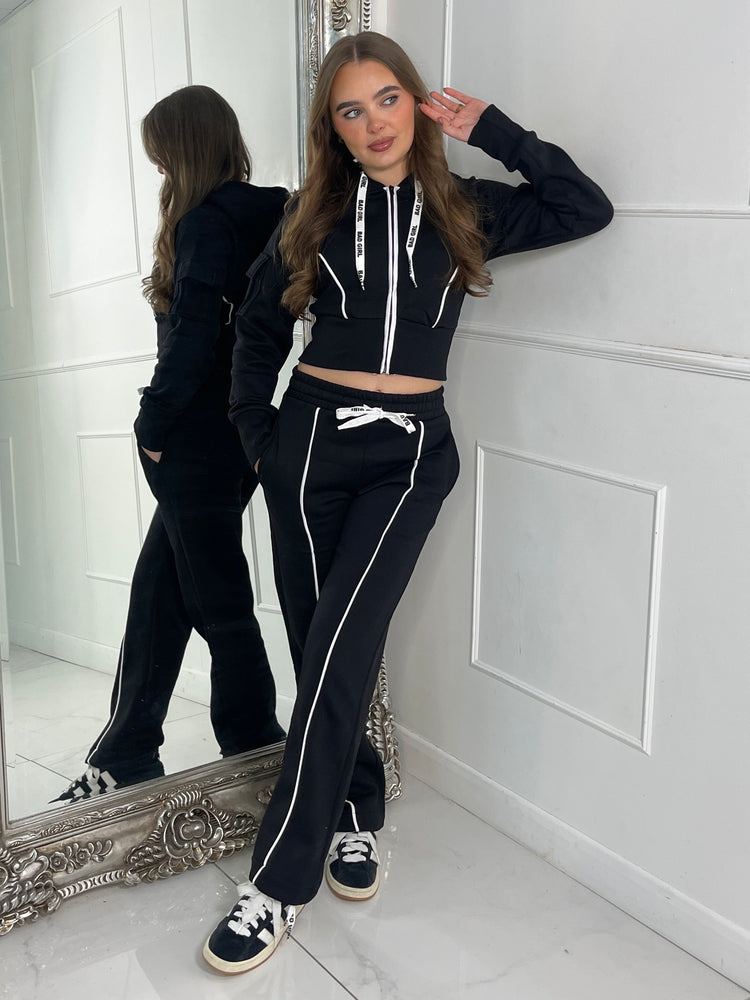 Hooded Drawstring Jacket & Flares With Stripe Detail - Black & White