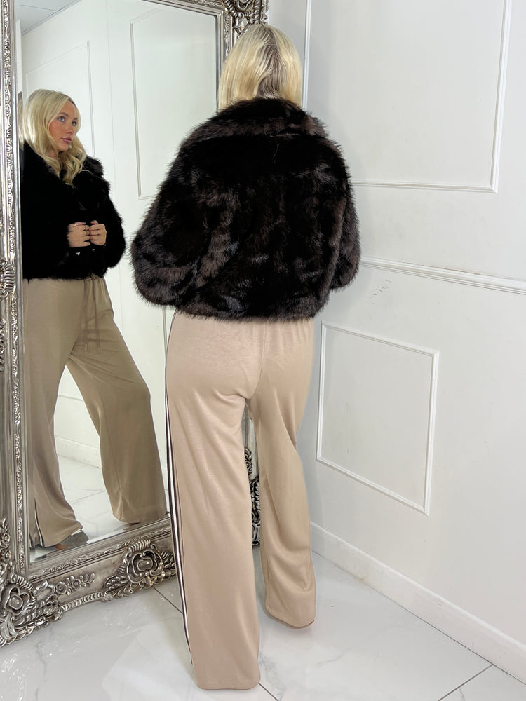 Cropped Collared Faux Fur Jacket - Brown