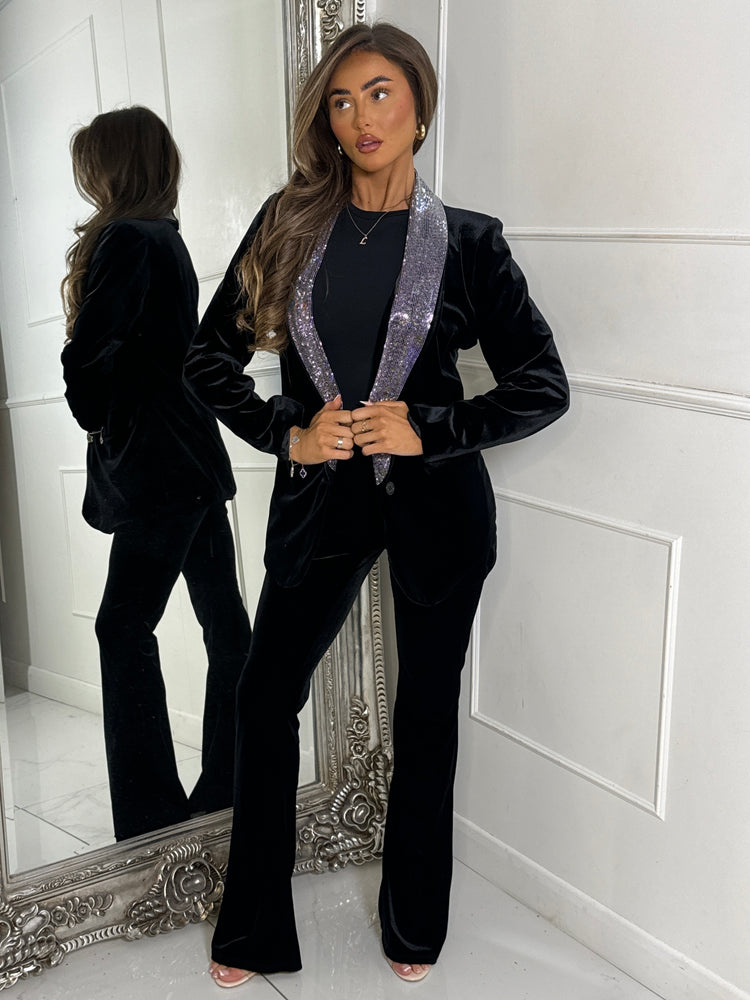 Velvet Blazer With Diamante Detail Collar - Black/Silver