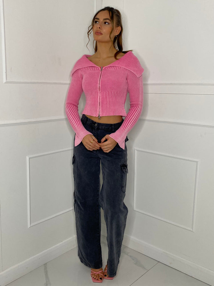 Thick Knit Fold Over Cardigan - Baby Pink