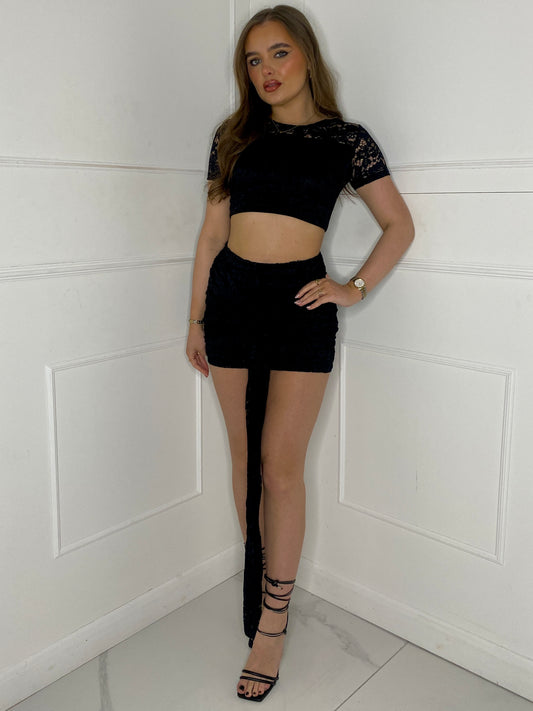 Lace Crop Top & Drape Skirt Co-Ord - Black