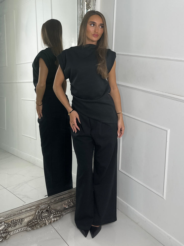 Asymmetric padded shoulder top & Flares Co Ord - Black