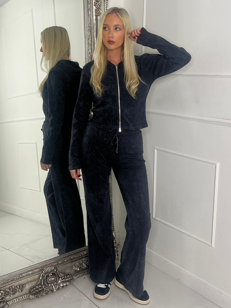 Acid wash ribbed zip front jacket  & Flares Set - Black Acid Wash