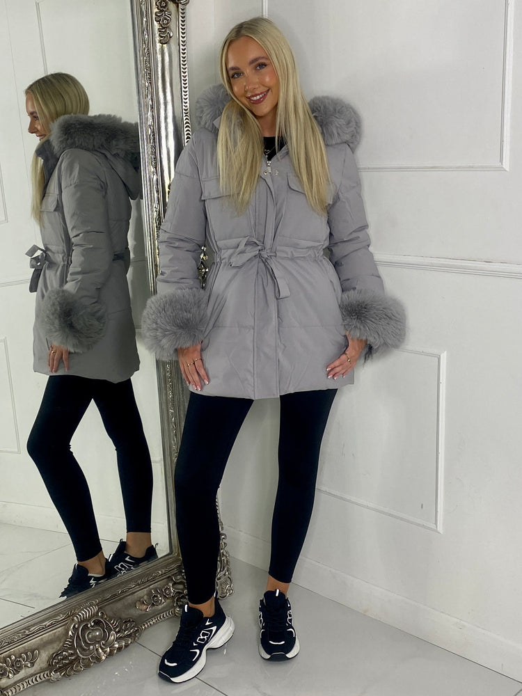 Fur Hood Trim Detail Longline Jacket - Grey