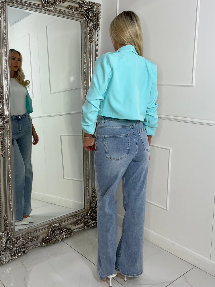 Cropped Ruched Sleeve Blazer - Mint Green