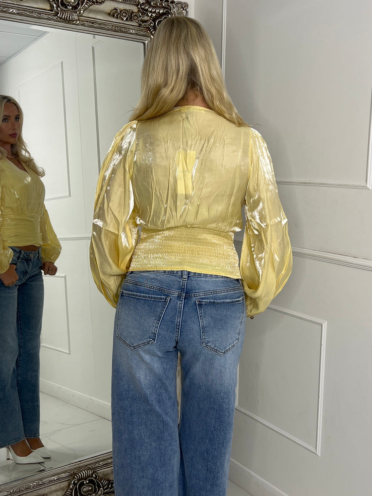 Long Puff Sleeve VNeck Shimmer Blouse - Yellow