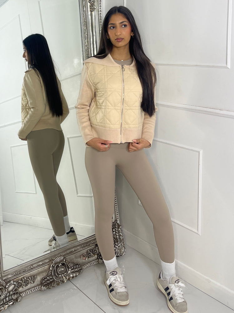 Ribbed Sleeve Padded Jacket - Beige