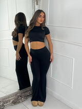Heart Detail Crop Top & Wide Leg Pants Set - Black