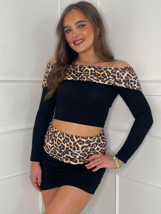 Leopard Fold Over Skirt & Bardot Top Set - Black