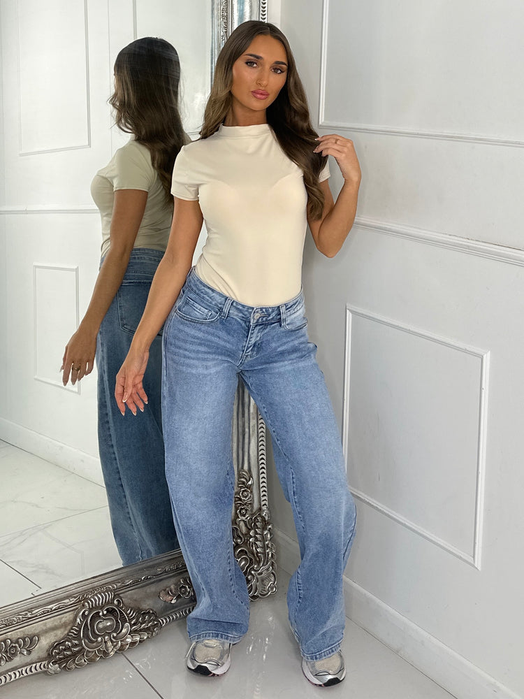Round Neck Short Sleeve Second Skin Bodysuit - Light Beige